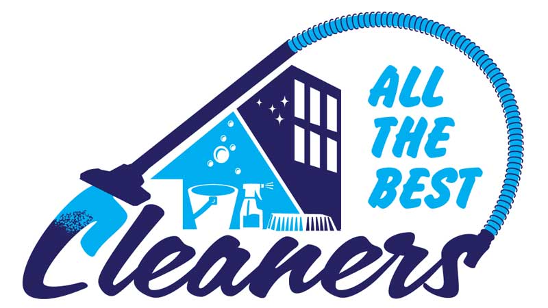 All The Best Cleaners Logo has a house and an office building with cleaning supplies incorporated